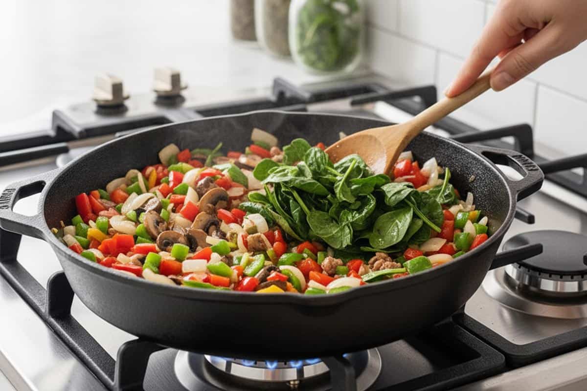 Added the onion, garlic, bell peppers, mushrooms and spinach in the pan.
