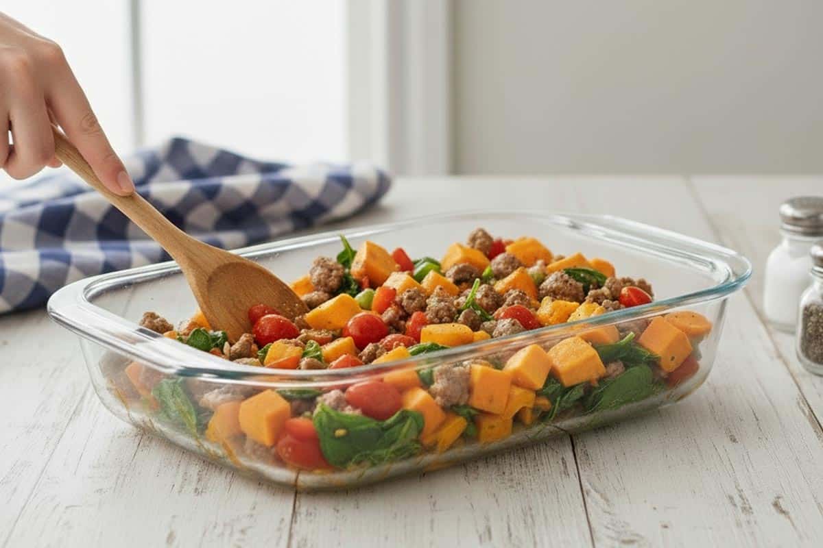 Transferred the sausage with veggie mixture in the baking dish with sweet potatoes.