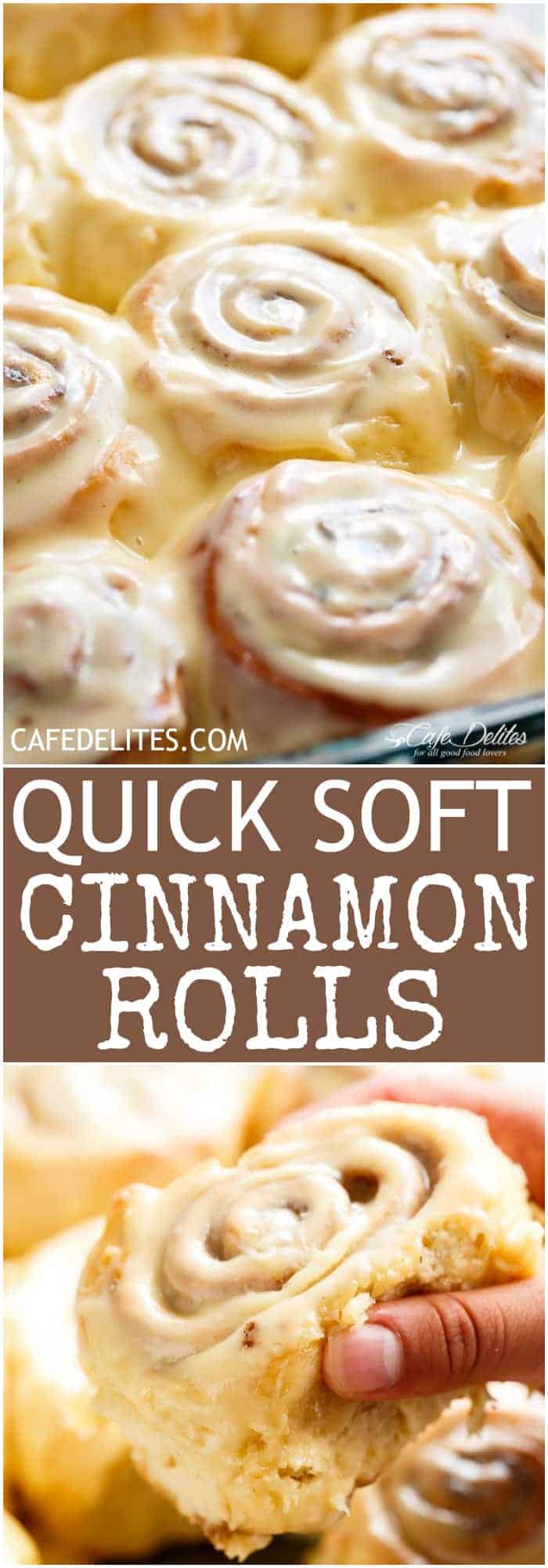 Quick Soft Cinnamon Rolls with a cream cheese glaze are super fluffy and light with a simple homemade dough, and a quick method to get baking! | https://cafedelites.com