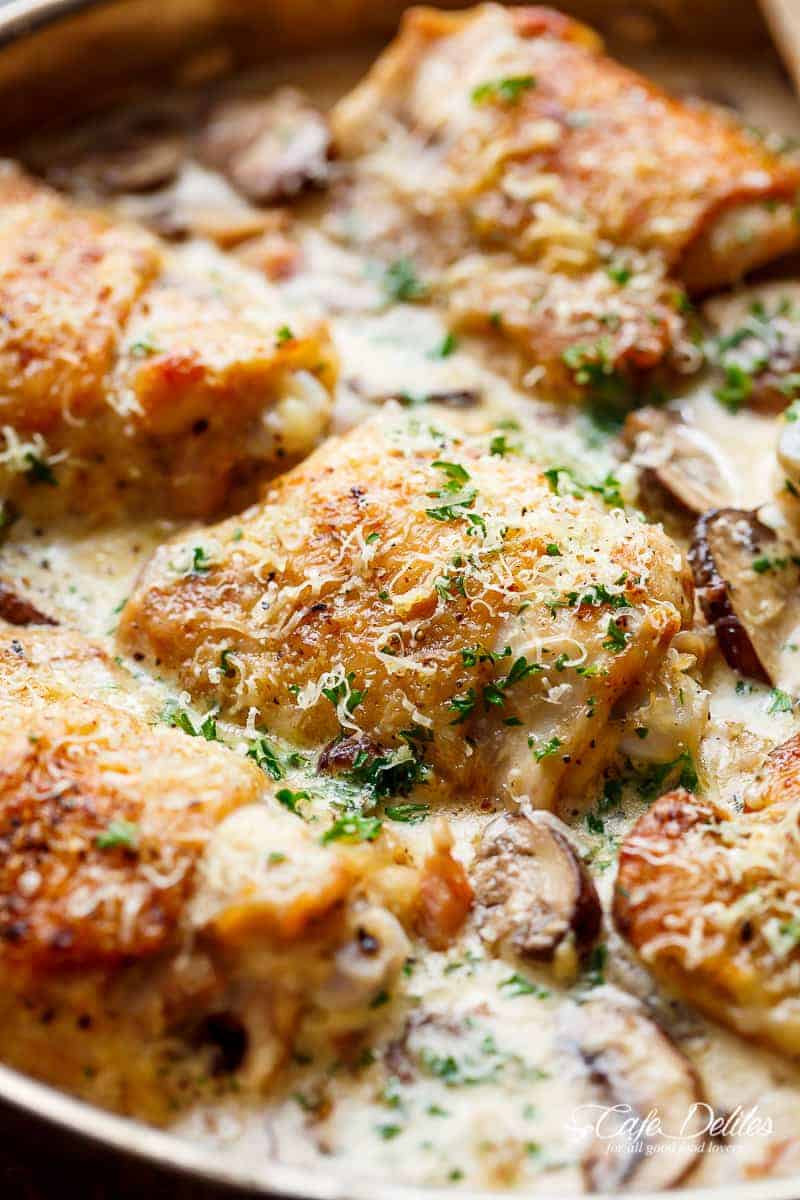 A thick and lightened up Creamy Parmesan Herb Chicken Mushroom with a kick of garlic is yo Creamy Parmesan Herb Chicken Mushroom (NO CREAM OPTION)