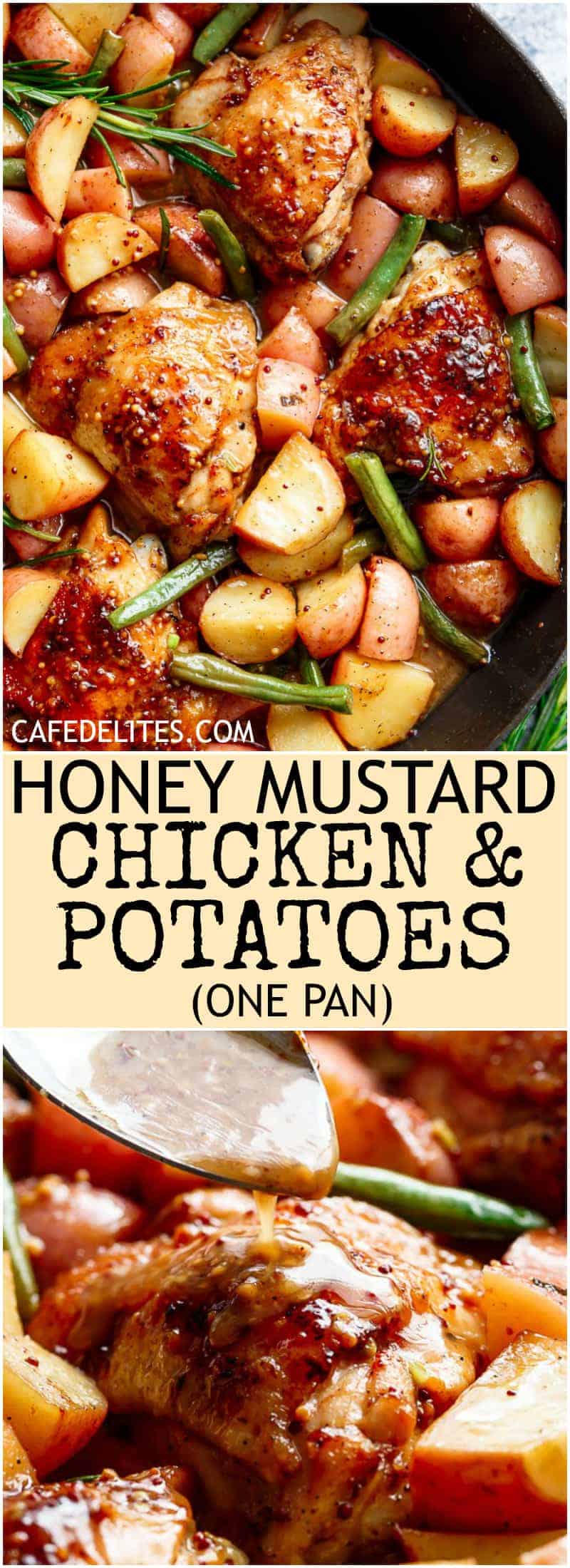 Honey Mustard Chicken & Potatoes is all made in one pan! Juicy, succulent chicken pieces are cooked in the best honey mustard sauce, surrounded by green beans and potatoes for a complete meal! | https://cafedelites.com