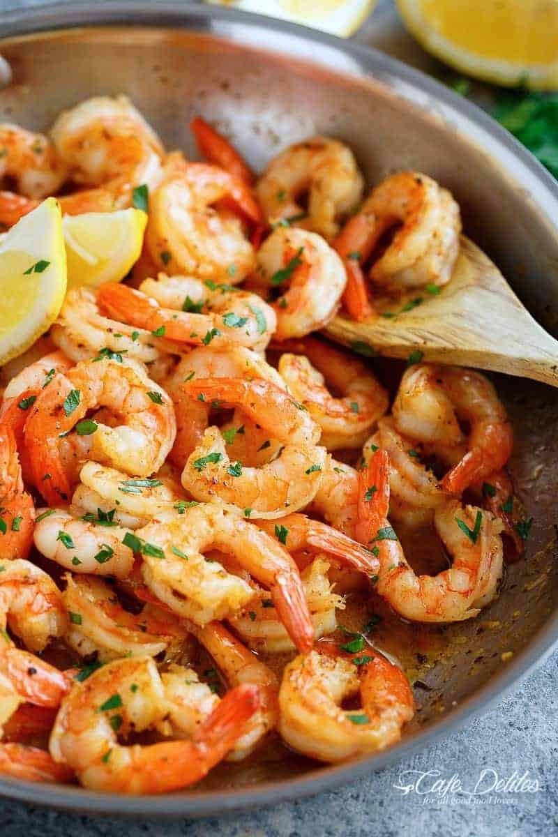 Crunchy Lemon Garlic Butter Shrimp in a pan