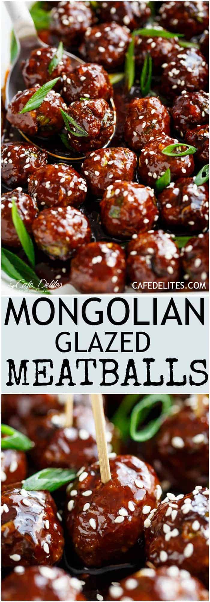 Tender Mongolian Glazed Meatballs are not only FILLED with Asian flavour -- they are smothered in the BEST homemade Mongolian sauce to wow your guests! | https://cafedelites.com