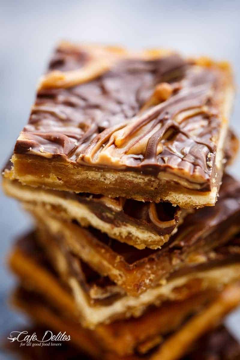 Peanut Butter Swirl Saltine Toffee (Christmas Crack) is all of your Christmas dreams come true – on crack! It's easy to make with only FIVE INGREDIENTS! | https://cafedelites.com