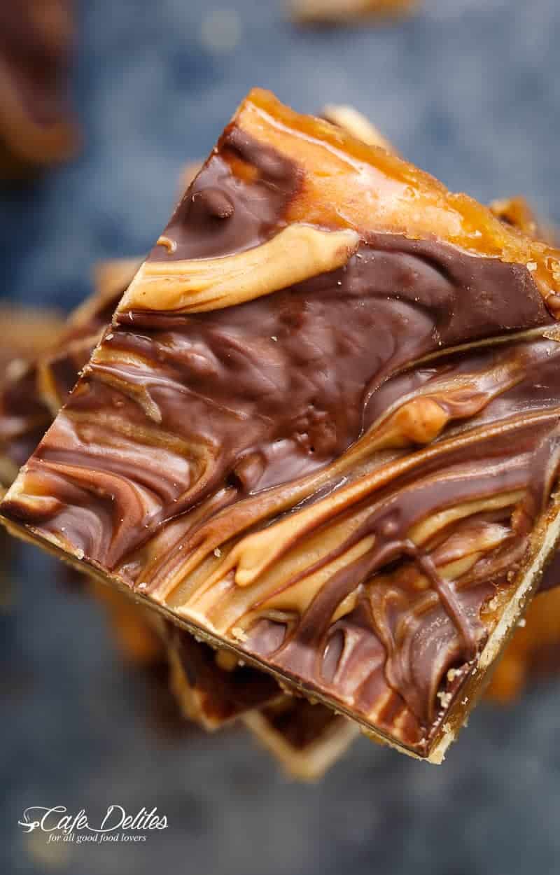 Christmas Crack or saltine cracker toffee with a peanut butter swirl is easy to make with  Christmas Crack (Saltine Cracker Toffee)