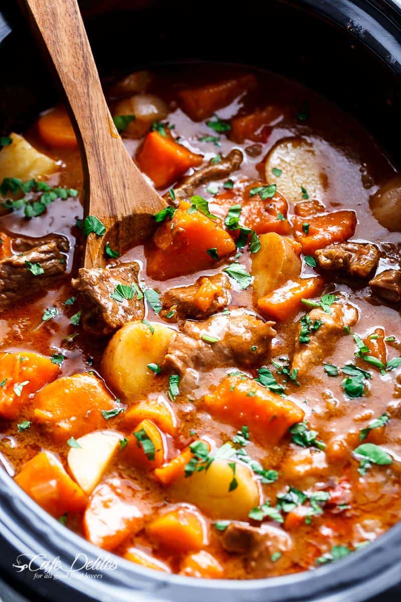 Slow Cooker Beef & Sweet Potato Stew is easy to throw together and filled with fall apart, tender beef pieces and sweet potato! | https://cafedelites.com