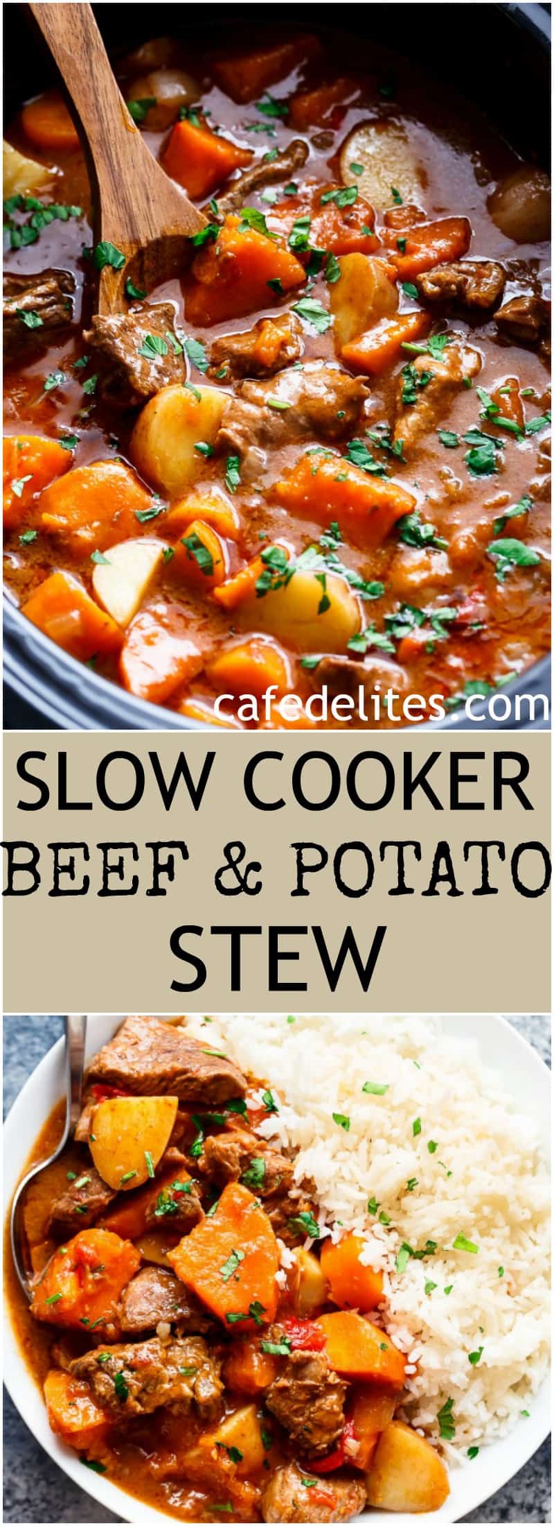 Slow Cooker Beef & Sweet Potato Stew is easy to throw together and filled with fall apart, tender beef pieces and sweet potato! | https://cafedelites.com