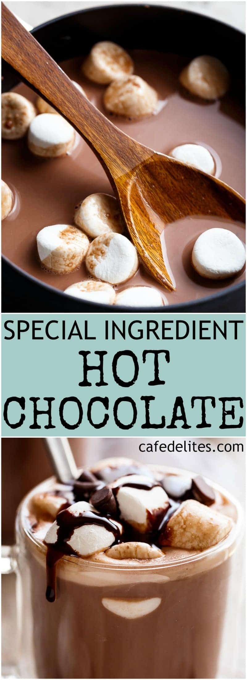 This Special Ingredient Hot Chocolate is so decadently rich and creamy, they'll be begging you for your secret! And half the calories! | https://cafedelites.com