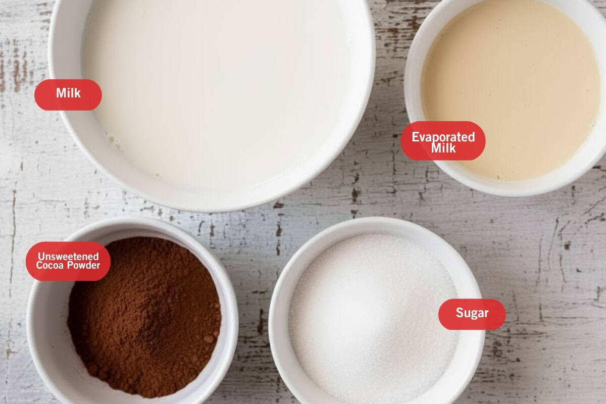 Flat lay photo of ingredient shot of milk, evaporated milk, unsweetened cocoa powder, sugar