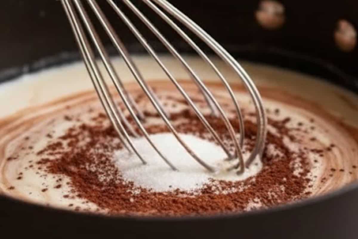 In a medium-sized saucepan over medium heat, whisk together milk, coca powder and sugar.