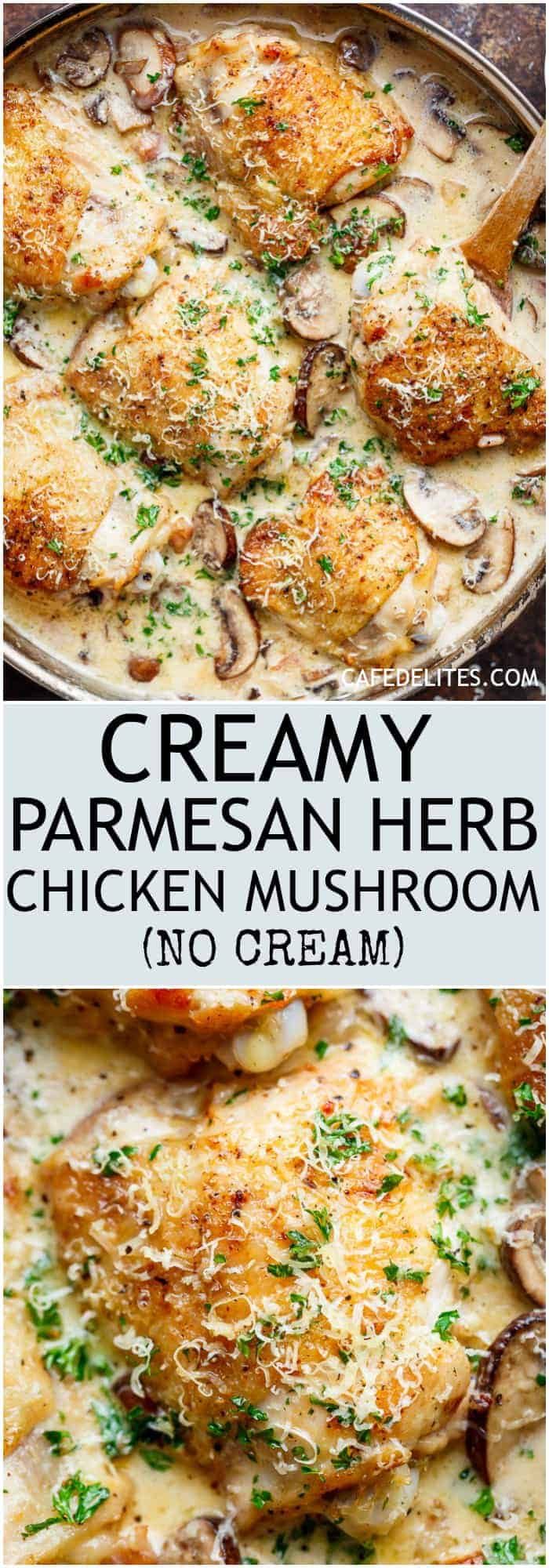 A thick and lightened up Creamy Parmesan Herb Chicken Mushroom with a kick of garlic is your new favourite dinner recipe! With NO heavy cream — or ANY cream — at ALL! | https://cafedelites.com