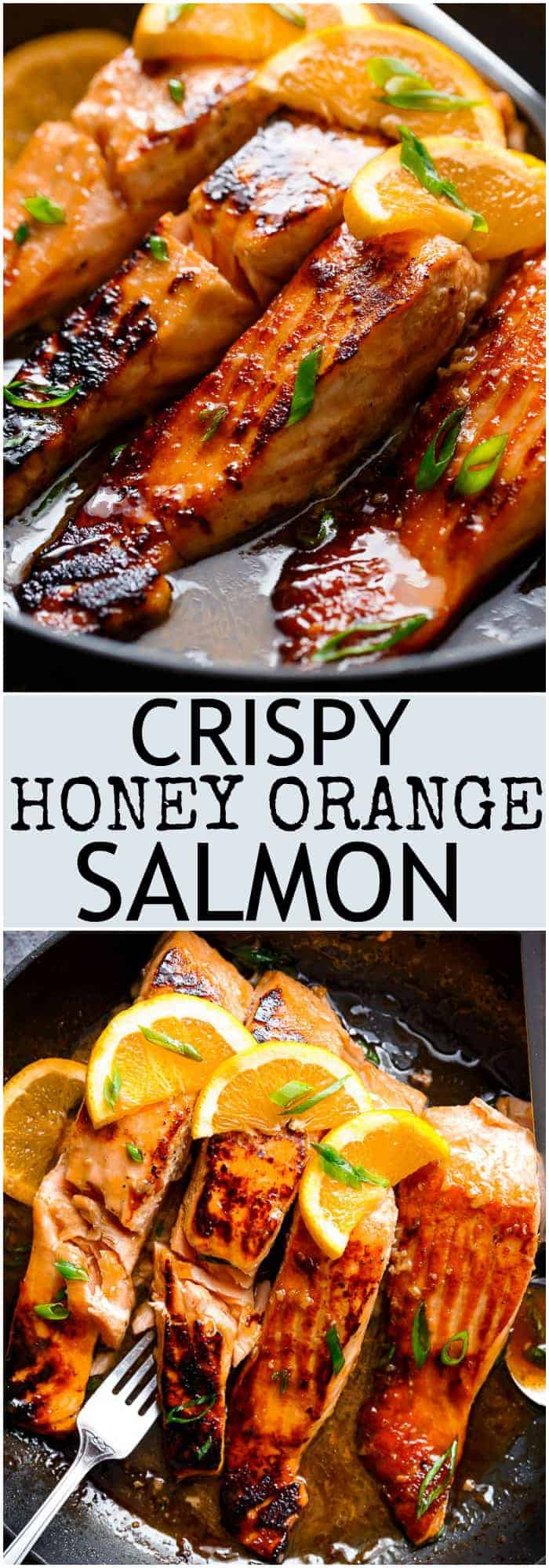 Crispy Honey Orange Glazed Salmon fillets are pan-fried in the most beautiful honey-orange-garlic sauce, with a splash of soy for added flavour! | https://cafedelites.com