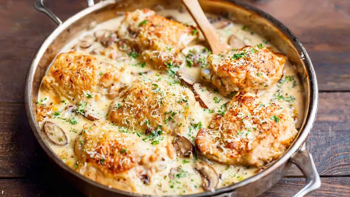 image of Creamy Parmesan Herb Mushroom Chicken in a pan