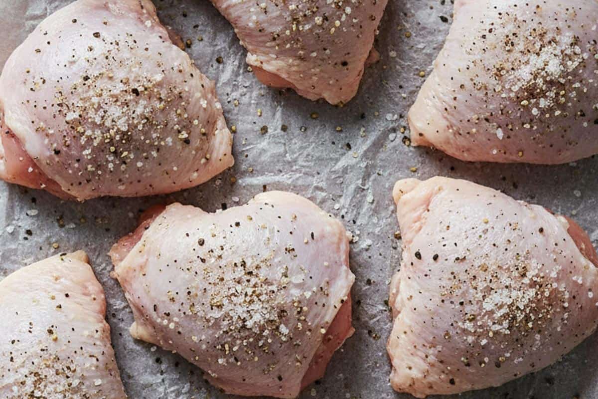 Chicken thighs seasoned with salt and pepper.