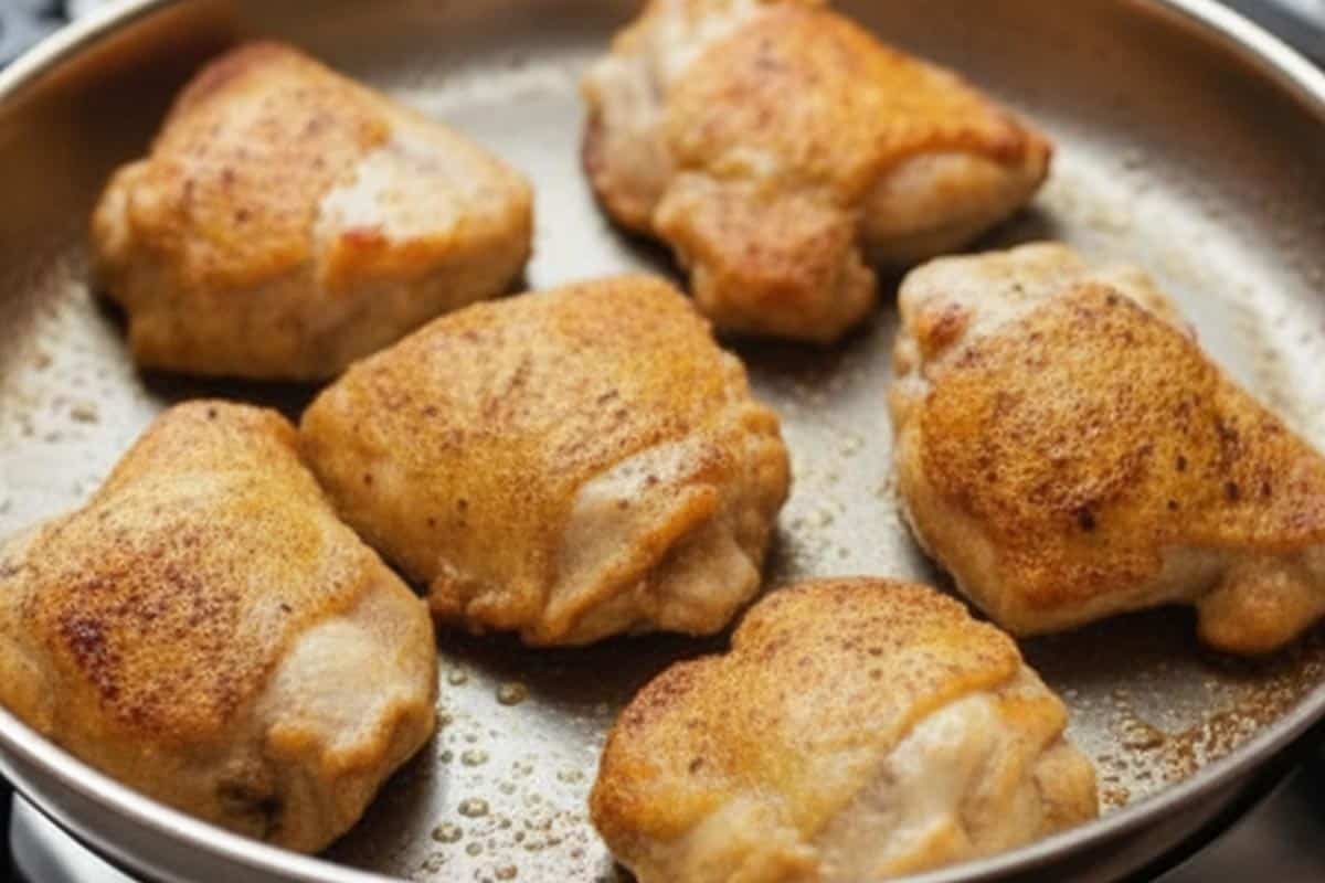 Searing the chicken in a pan.
