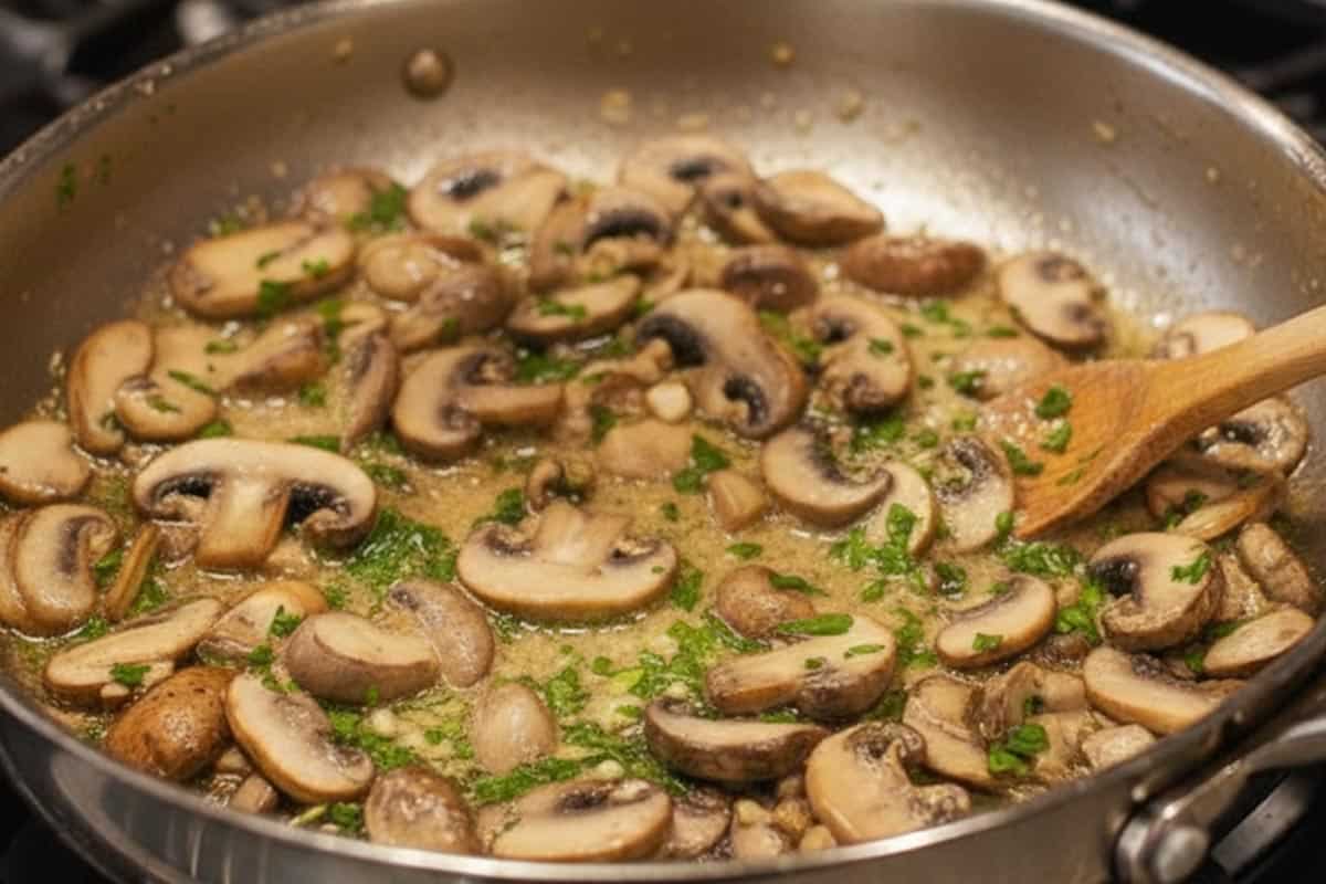 Sautéing garlic and mushroom with herbs, and parsley in a pan.