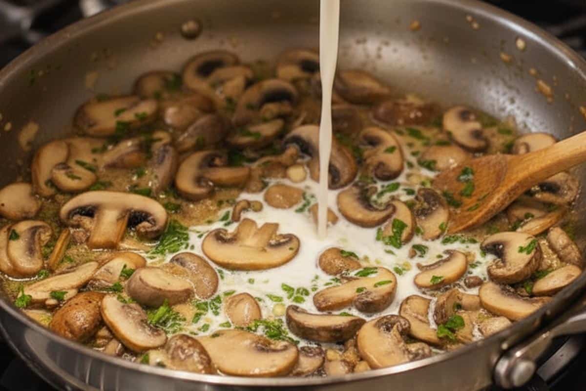 Pouring the milk in the pan with mushroom.