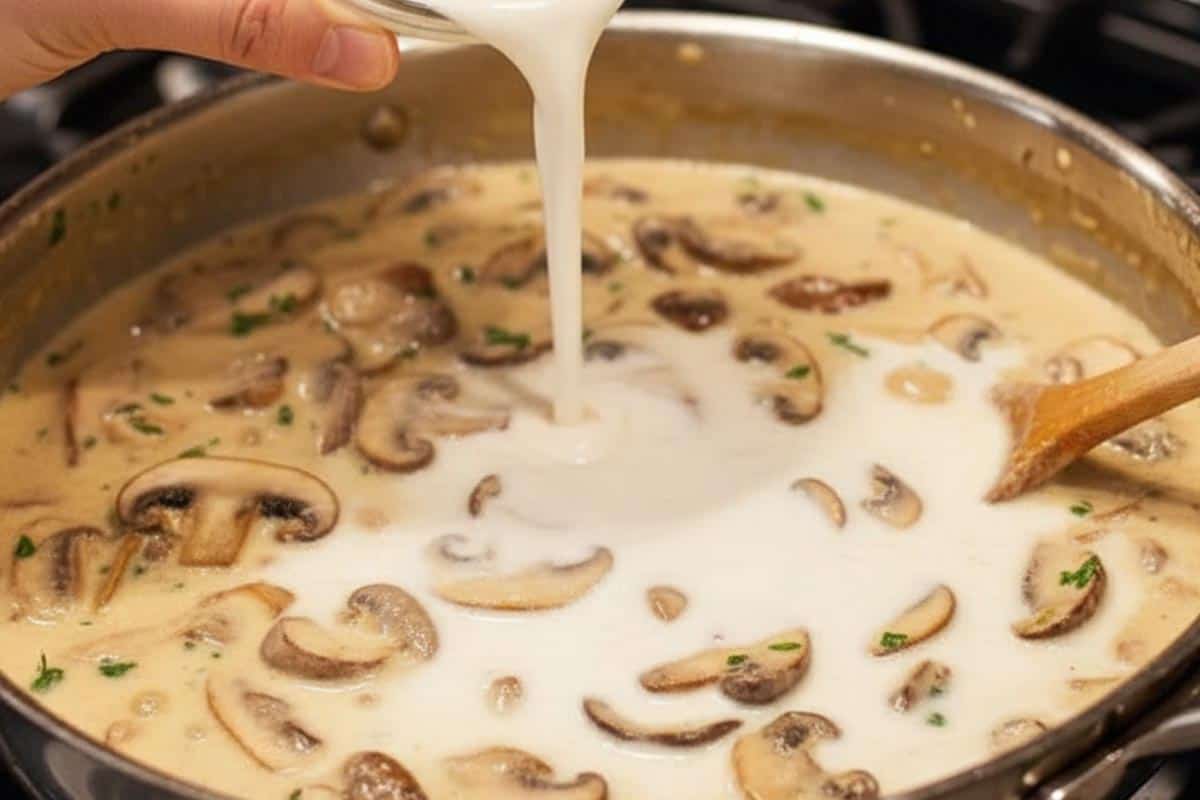 Pouring the cornstarch with milk while stirring.