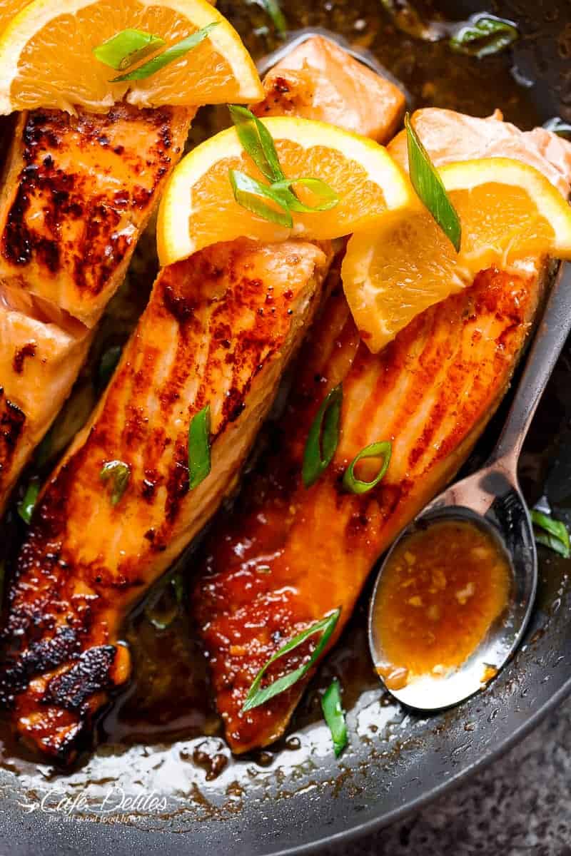 Crispy Honey Orange Glazed Salmon fillets are pan Crispy Honey Orange Glazed Salmon