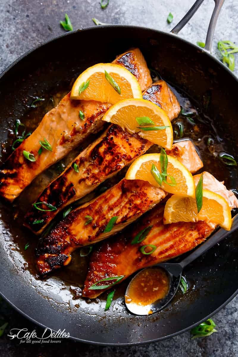 Crispy Honey Orange Glazed Salmon fillets are pan Crispy Honey Orange Glazed Salmon