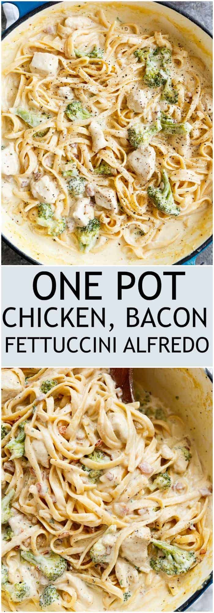 Skinny ONE POT Chicken Bacon Fettuccine Alfredo with NO HEAVY CREAM, butter or flour! Only one pot to wash up, with the pasta being cooked right IN the pot! | https://cafedelites.com