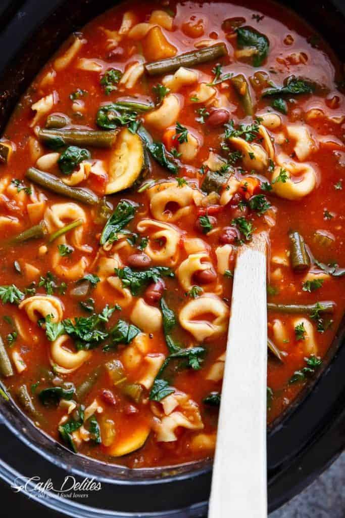 Zoom in image of Slow Cooker Tortellini Minestrone Soup in a bowl