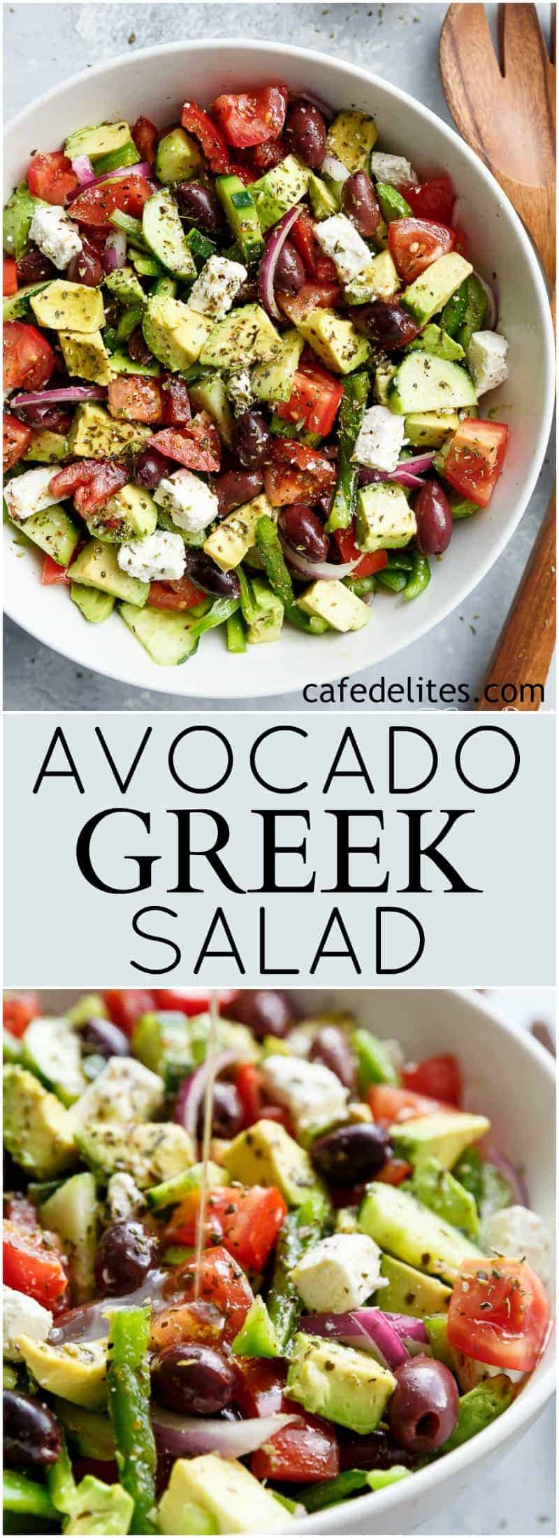 Avocado Greek Salad with a Greek Salad Dressing is a family favourite side salad served with anything! | https://cafedelites.com