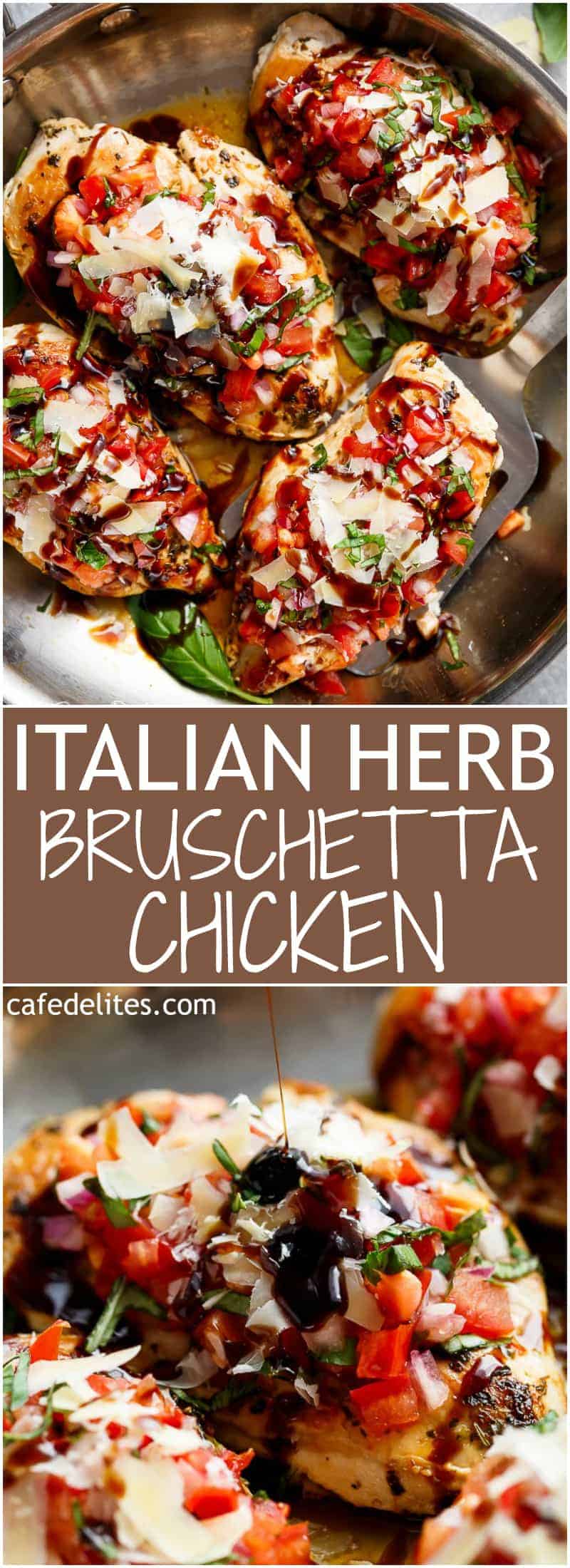 Italian Herb Bruschetta Chicken is a low carb alternative to a traditional Bruschetta! Transform ordinary chicken into a delicious, flavourful meal! | https://cafedelites.com