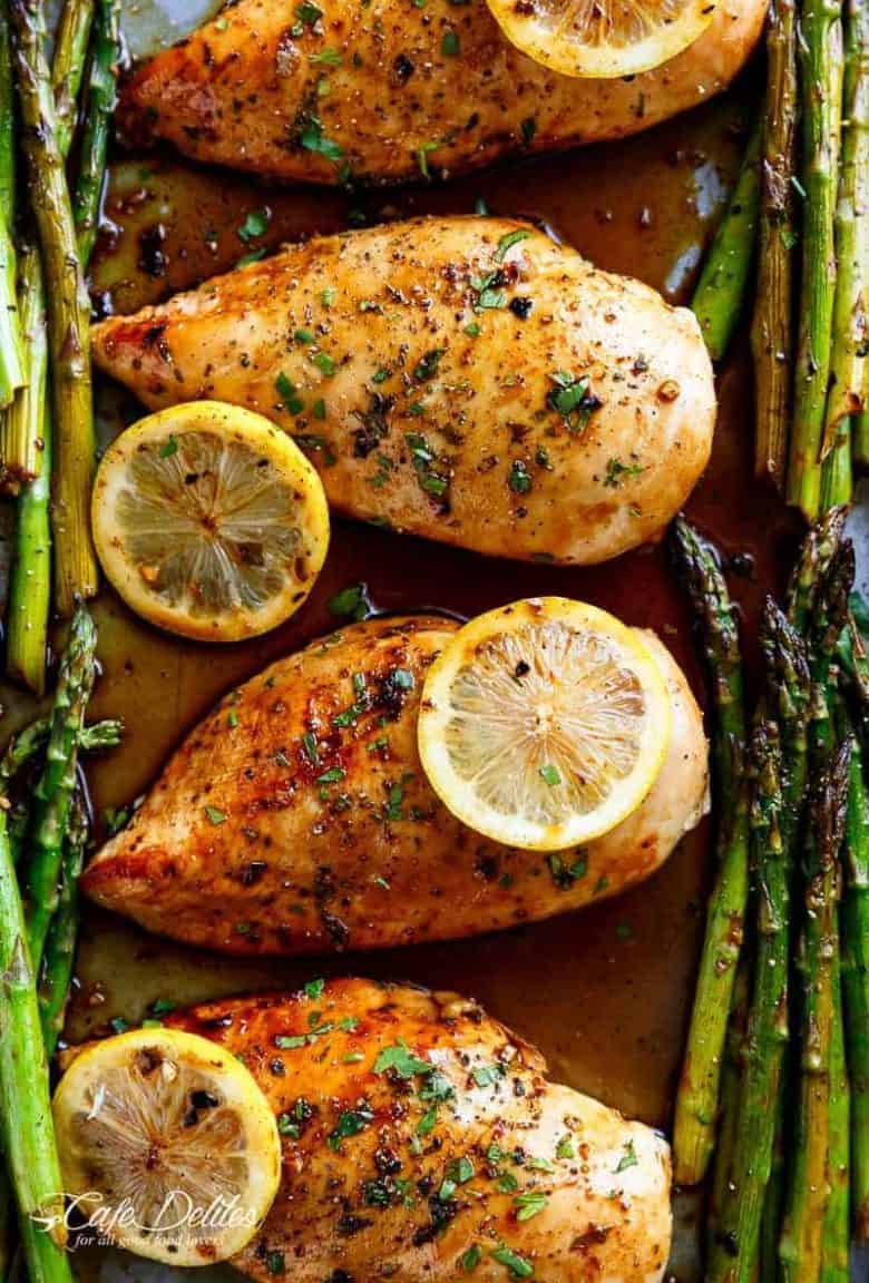One Pan Honey Lemon Chicken Asparagus is THE ultimate sheet pan meal, perfect for meal preps or for lunch and dinner! | https://cafedelites.com
