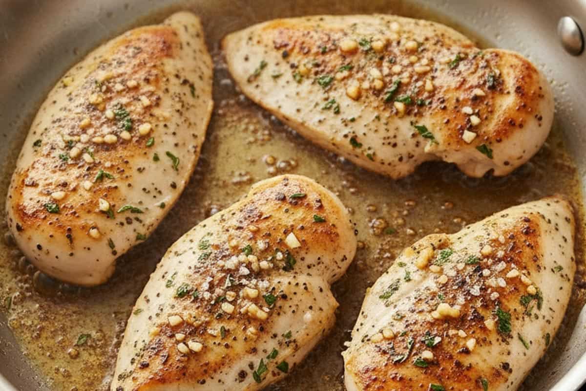 Searing the chicken coated with seasoning.
