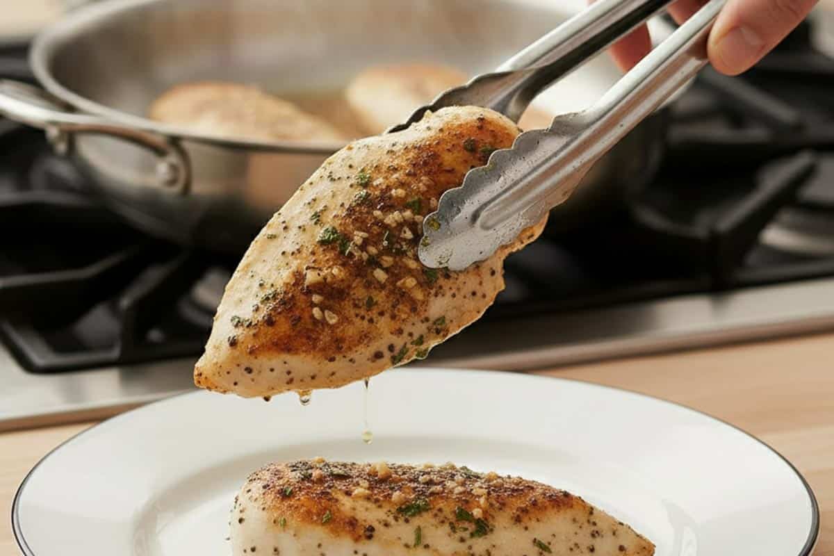 Transferring the chicken to a plate.