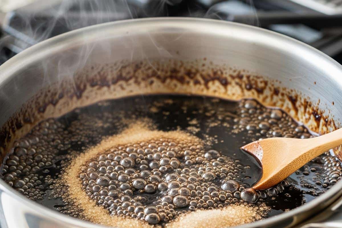 Simmering balsamic vinegar with sugar.