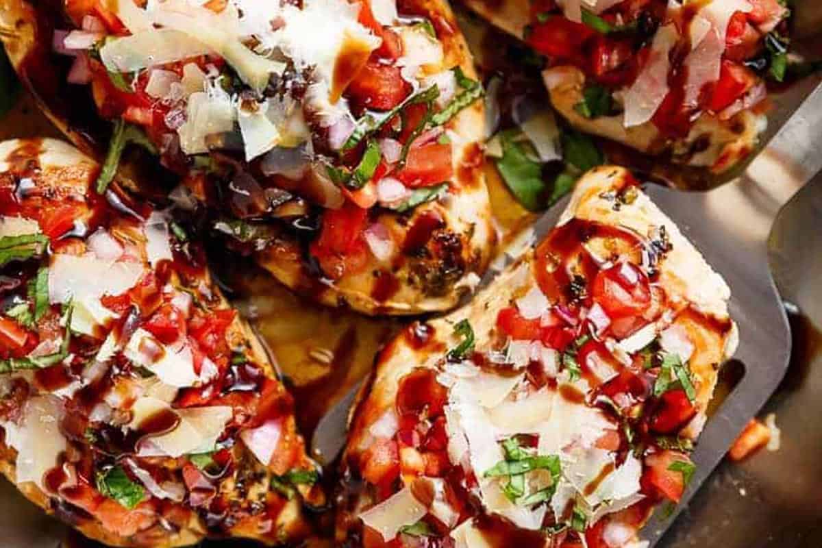 Close-up shot of Italian Herb Bruschetta Chicken.
