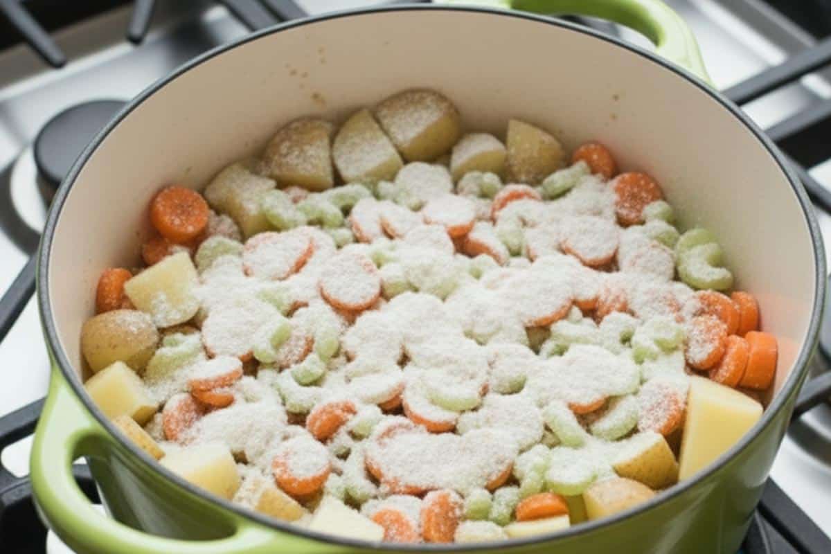 Added carrots, celery, potatoes and sprinkled over the flour.
