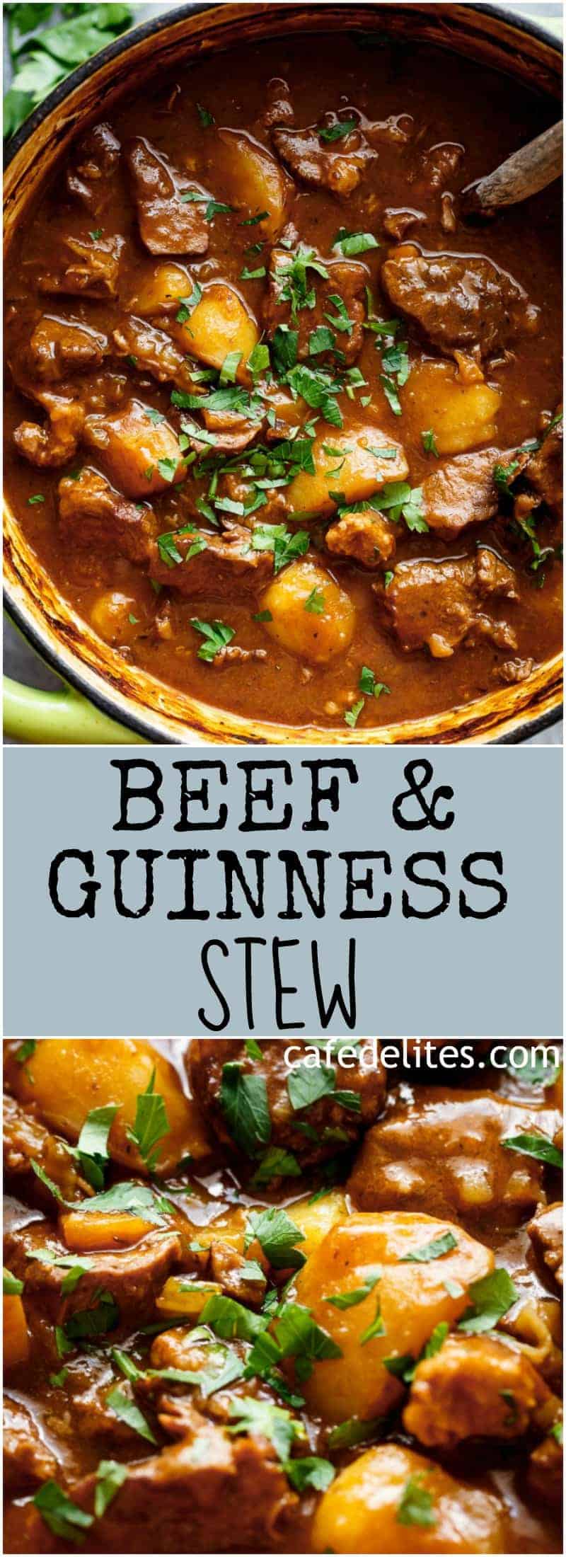 Beef And Guinness Stew is a heart warming bowl of comfort! Oven slow cooked beef, simmered in a rich Guinness gravy, with so much flavour! | https://cafedelites.com