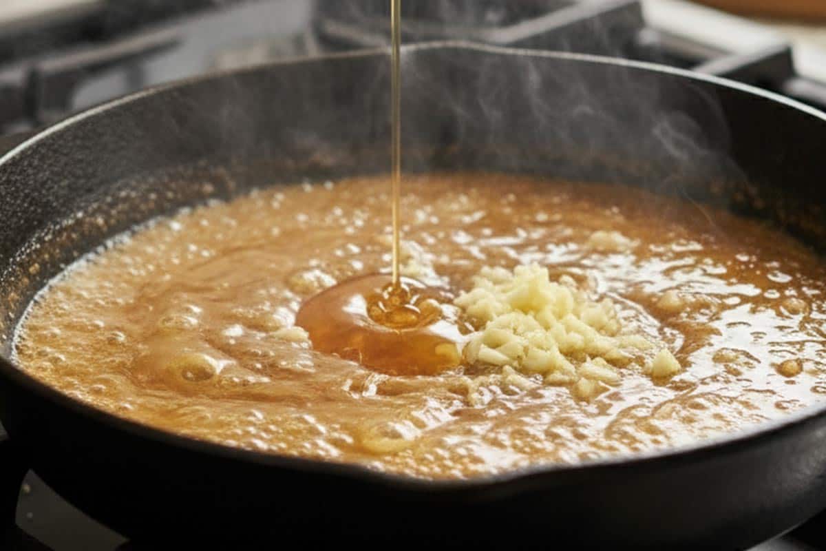Added in the honey, lemon juice, soy sauce, and garlic in the pan with butter.