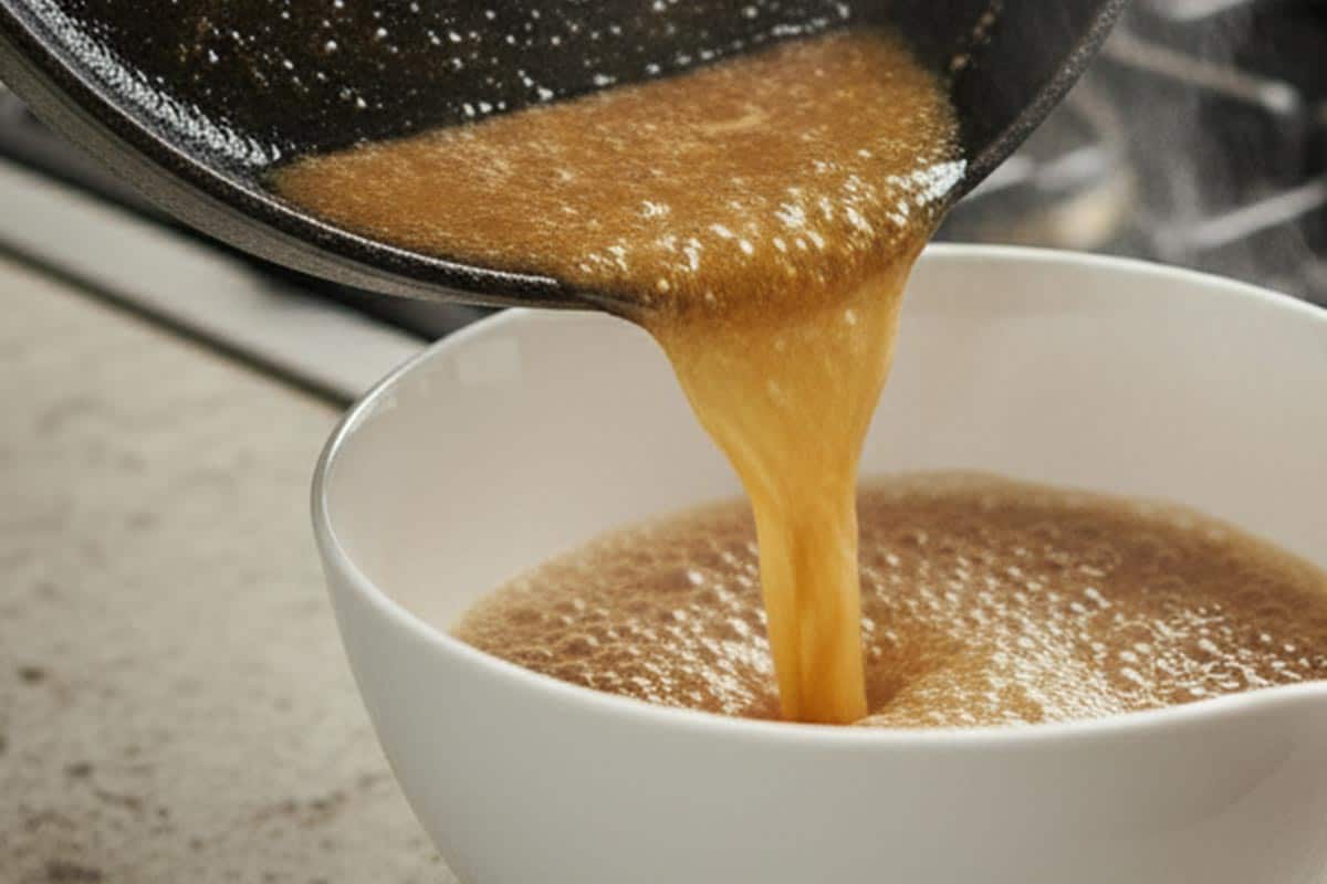 Pouring the sauce to a bowl.
