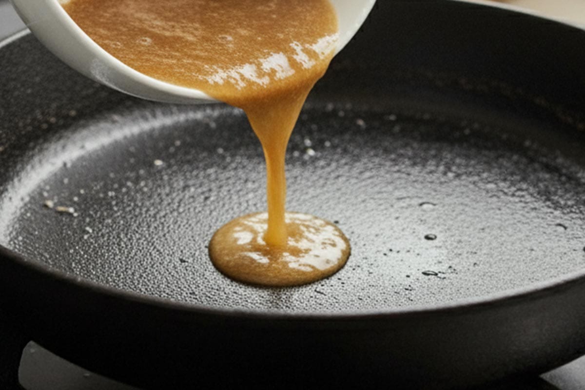 Pouring small amount of sauce in the pan.
