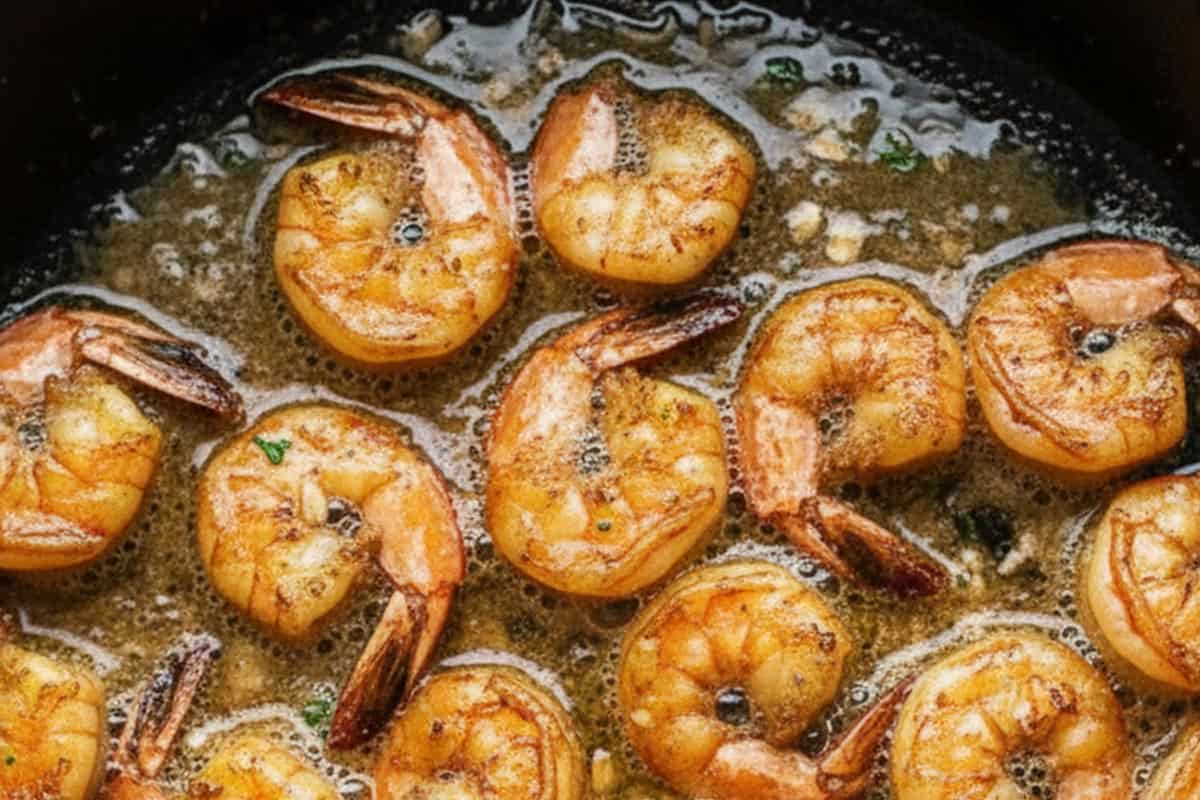 Cooking the remaining shrimp in a pan.