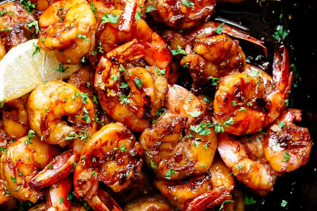 Close-up shot of Brown Butter Shrimp.