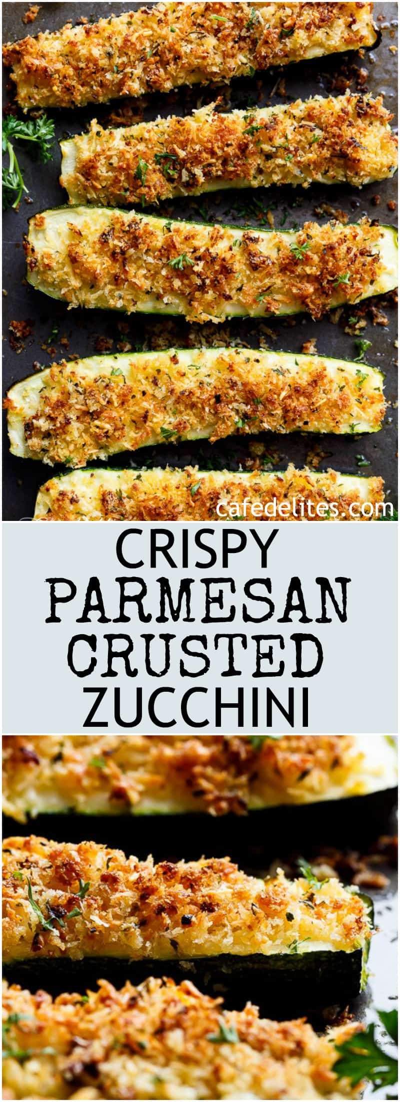 Parmesan Crusted Zucchini are easy to make and are one of THE best ways to enjoy zucchini! Crispy and crunchy, the perfect side dish OR snack! | https://cafedelites.com