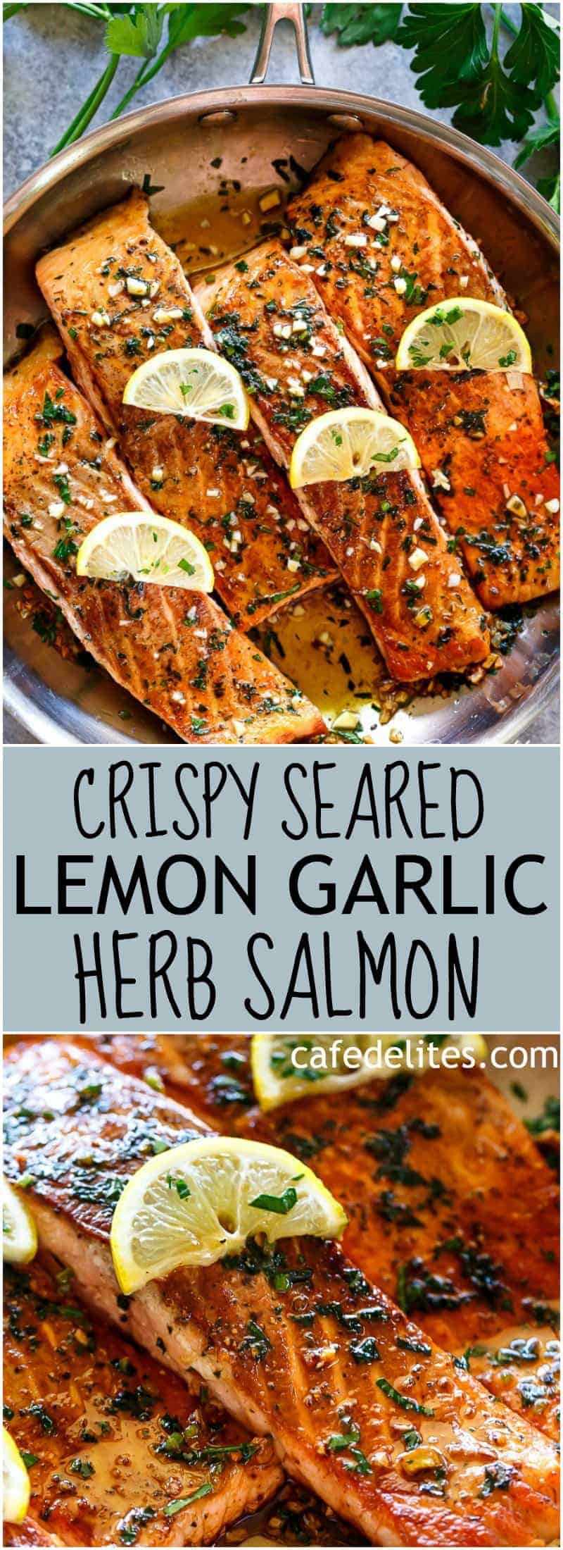 Crispy Seared Lemon Garlic Herb Salmon is a deliciously easy salmon recipe, so simple to make, yet so delicious! Crispy on the outside, soft and tender on the inside! | https://cafedelites.com