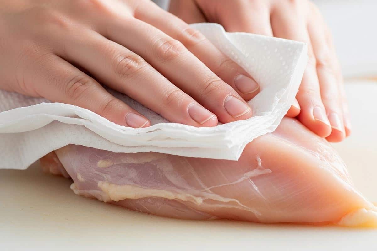 Patting chicken dry with paper towel.
