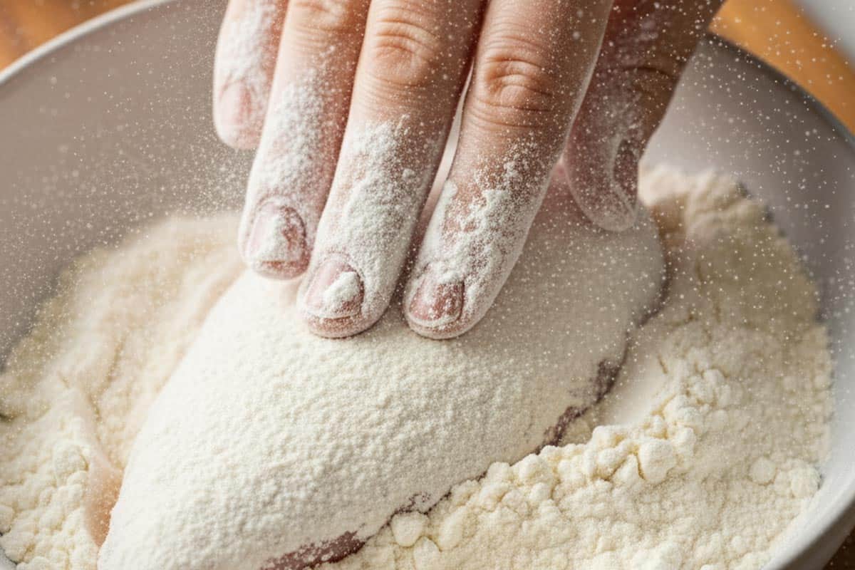 Dredging fillet in a bowl with flour.