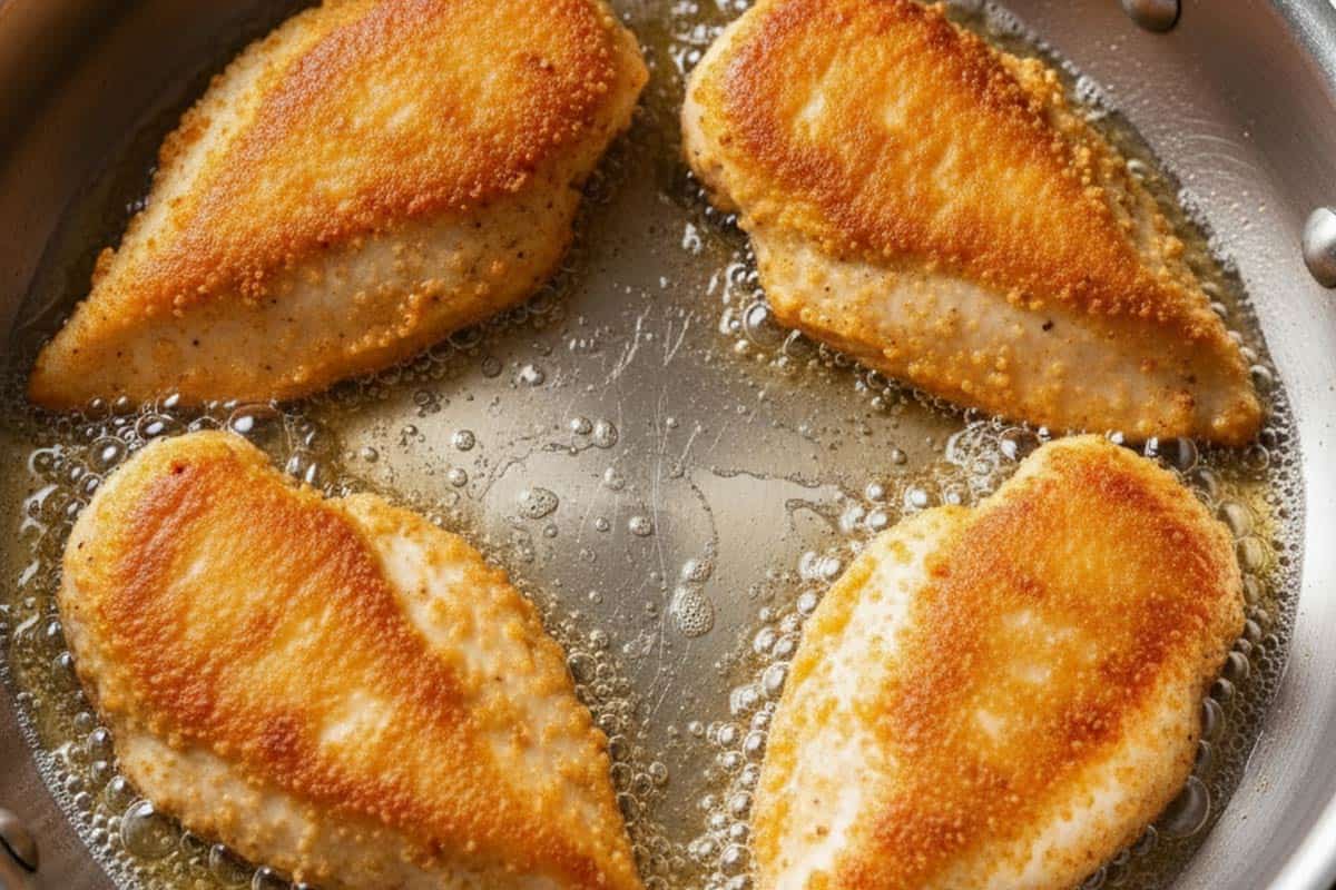 Searing the chicken in a large skillet.