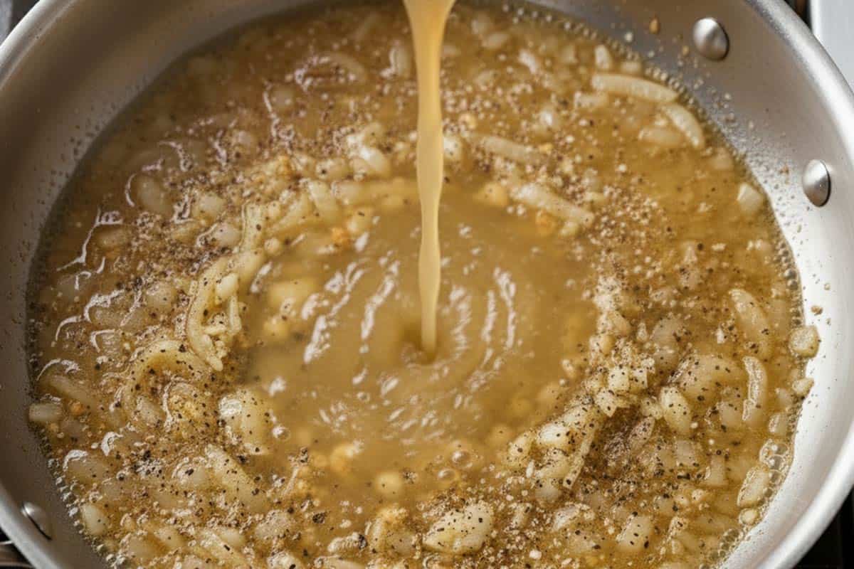 Pouring the broth to the pan with onion and garlic.