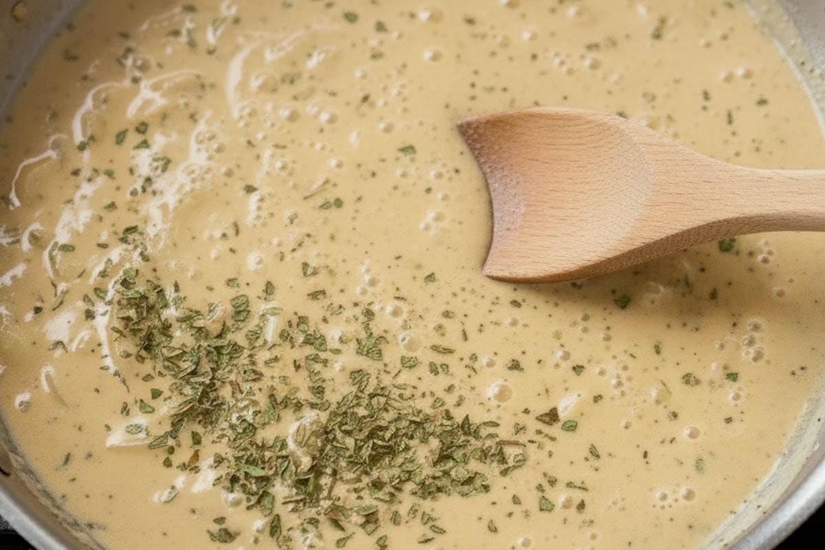 Stirring the light cooking cream then added the Italian herbs.