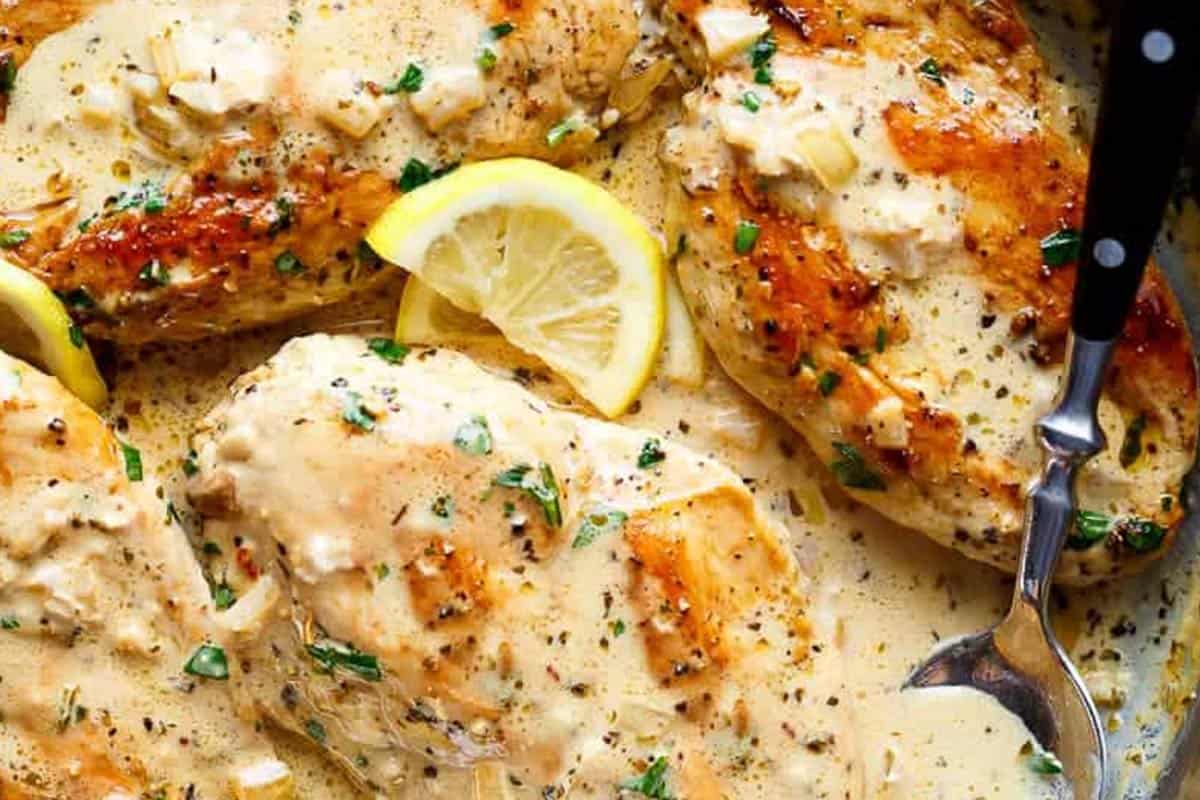 Close-up shot of Lemon Chicken Scallopini with Lemon Garlic Cream Sauce