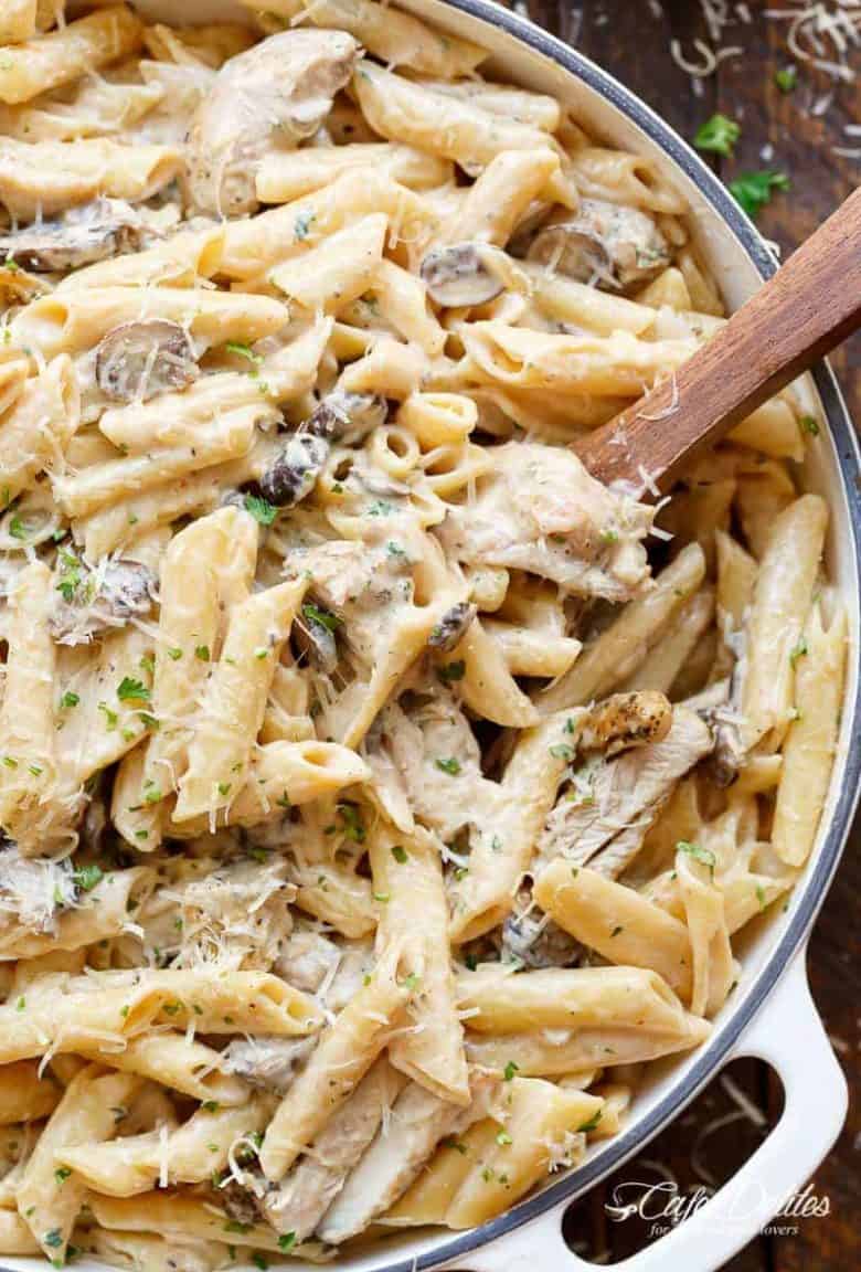 Seared chicken strips are mixed through this One-Pot Creamy Mushroom Chicken Pasta, with garlic, mushrooms AND parmesan cheese | https://cafedelites.com