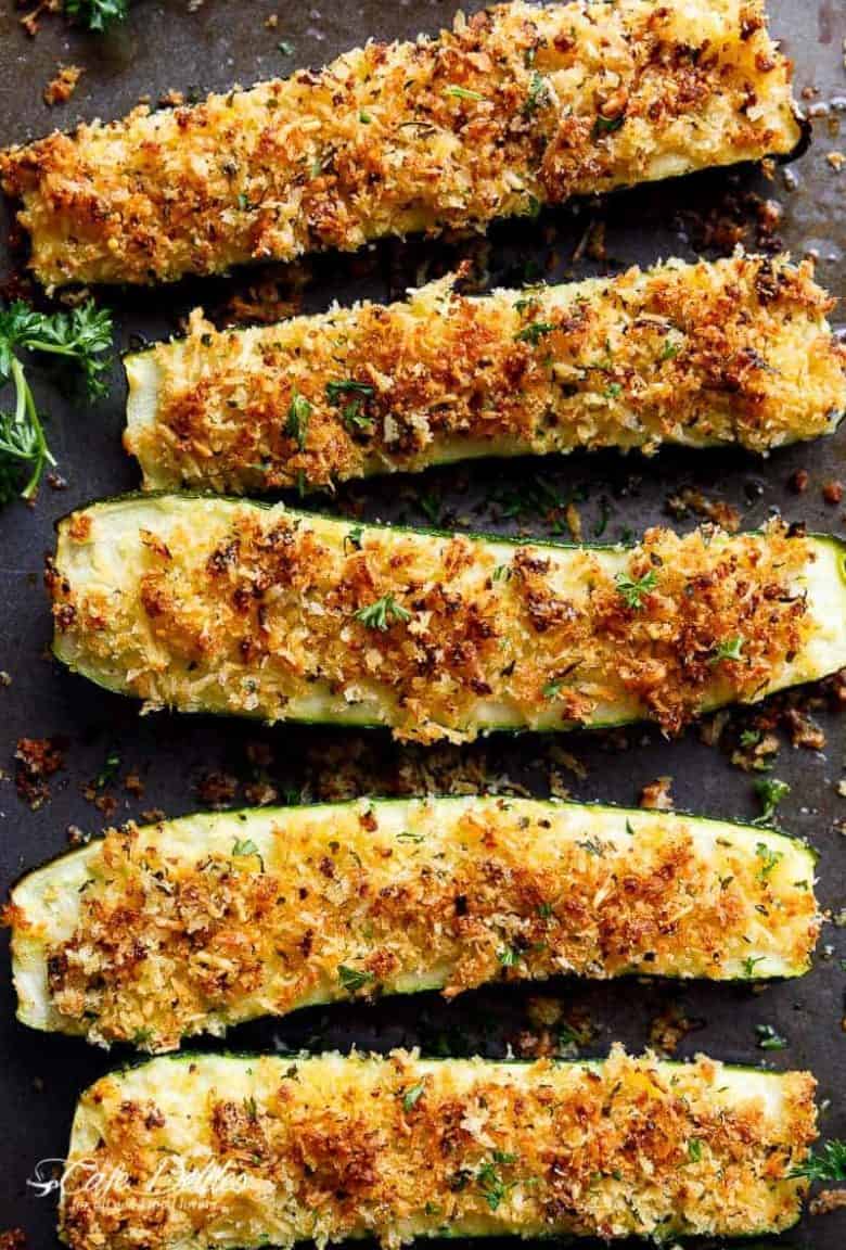 Parmesan Crusted Zucchini are easy to make and are one of THE best ways to enjoy zucchini! Crispy and crunchy, the perfect side dish OR snack! | https://cafedelites.com